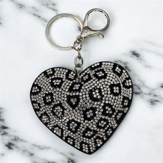 Leopard Rhinstone Heart Keychain