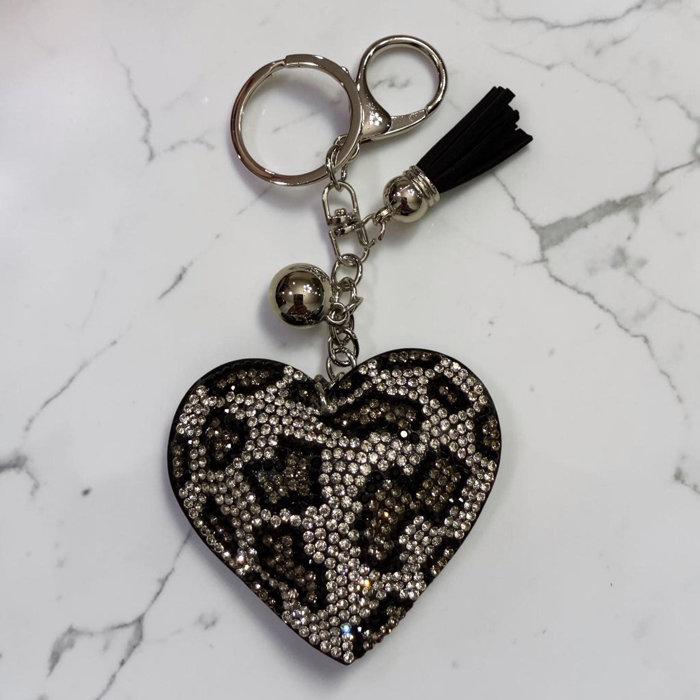 Leopard Rhinstone Heart Keychain