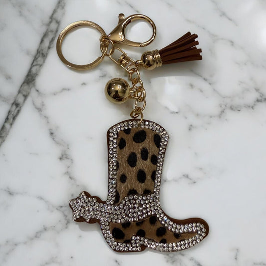 Leopard Print Rhinestone Boot Keychain