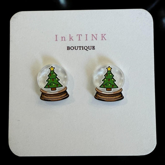 Christmas Tree Snow Globe Stud Earrings